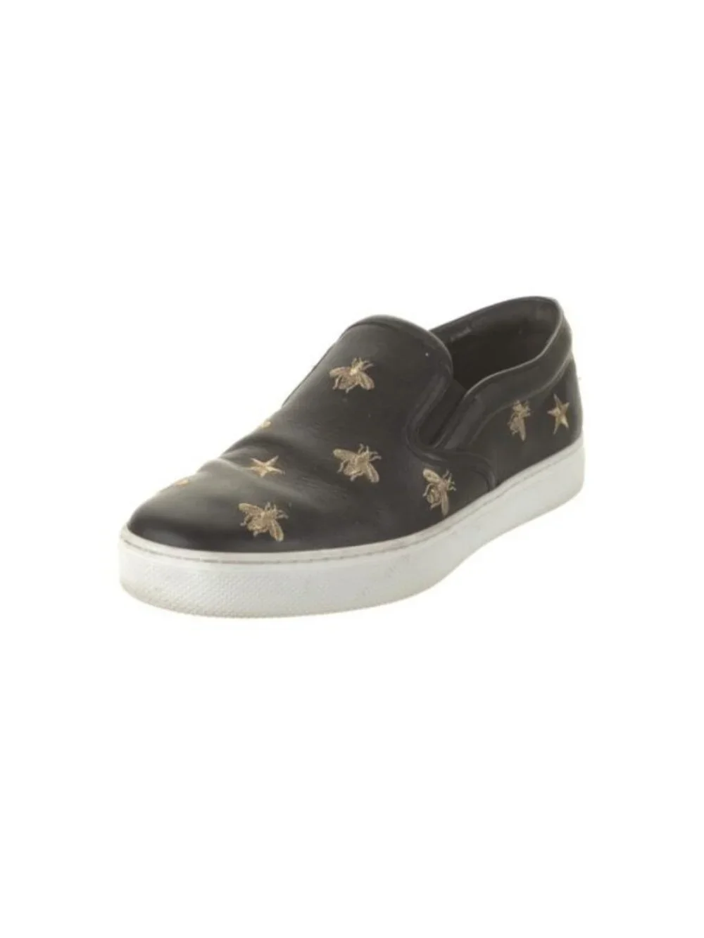 Gucci Mens Black Leather Bee & Star Embroidered Slip-On Loafers